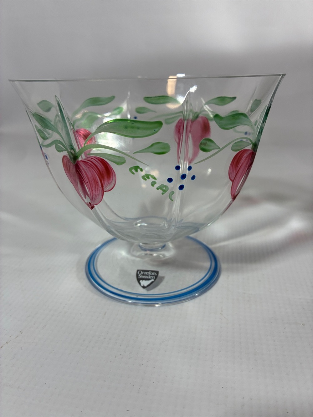 Orrefors Kostaboda Pink Floral Pedestal Bowl